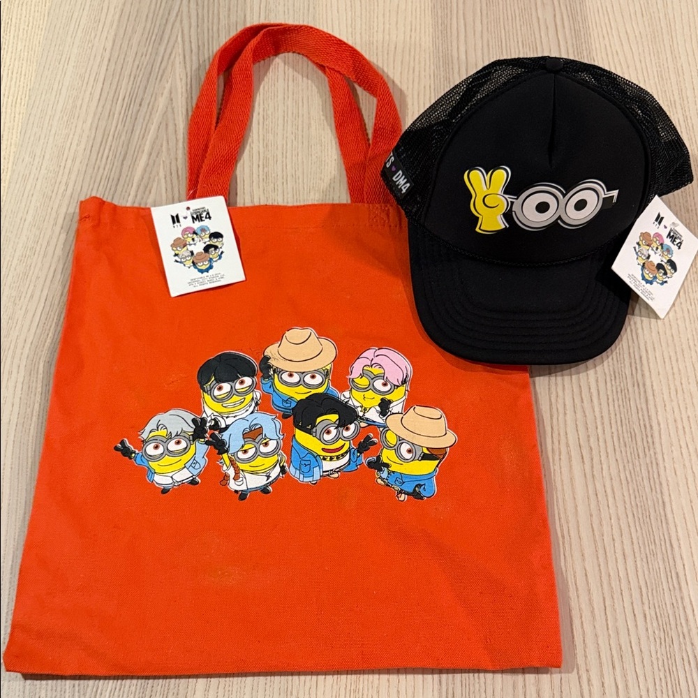 BTS x Minions Despicable Me 4 Tote Bag and Cap Set - Orange and Black